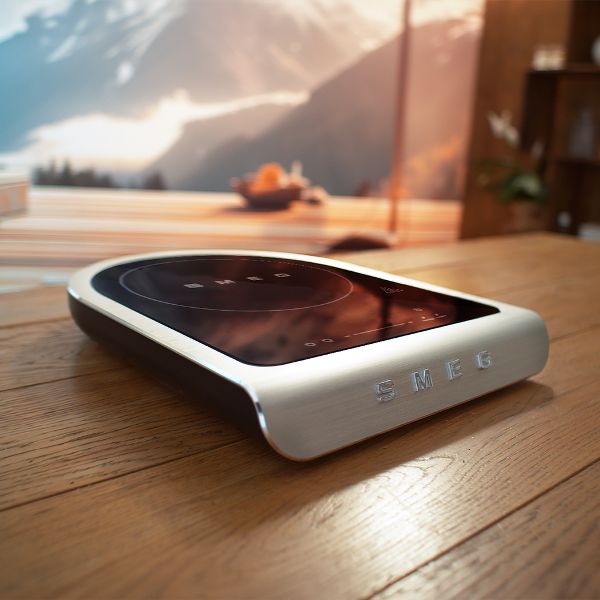 Portable SMEG induction hob with rounded aluminium frame and black glass surface, placed on a wooden table with a mountain landscape in the background.