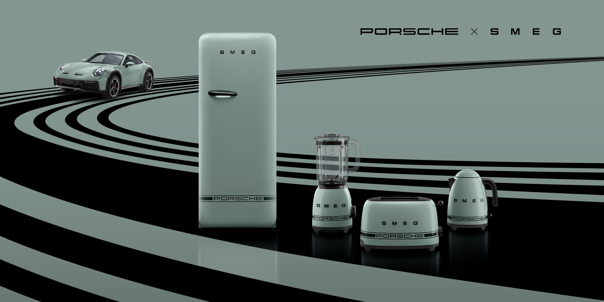 A visually striking composition set against a bold red background. At the center is a Porsche 917 KH race car, showcased in its iconic Salzburg livery, featuring a vivid red body with white racing stripes and sponsor decals. To the left of the car stands a red FAB refrigerator, and to the right, a Smeg Bean to Cup espresso machine. Both appliances are fully customized with design elements from the Porsche 917 KH Salzburg livery, creating a cohesive and motorsport-inspired aesthetic.